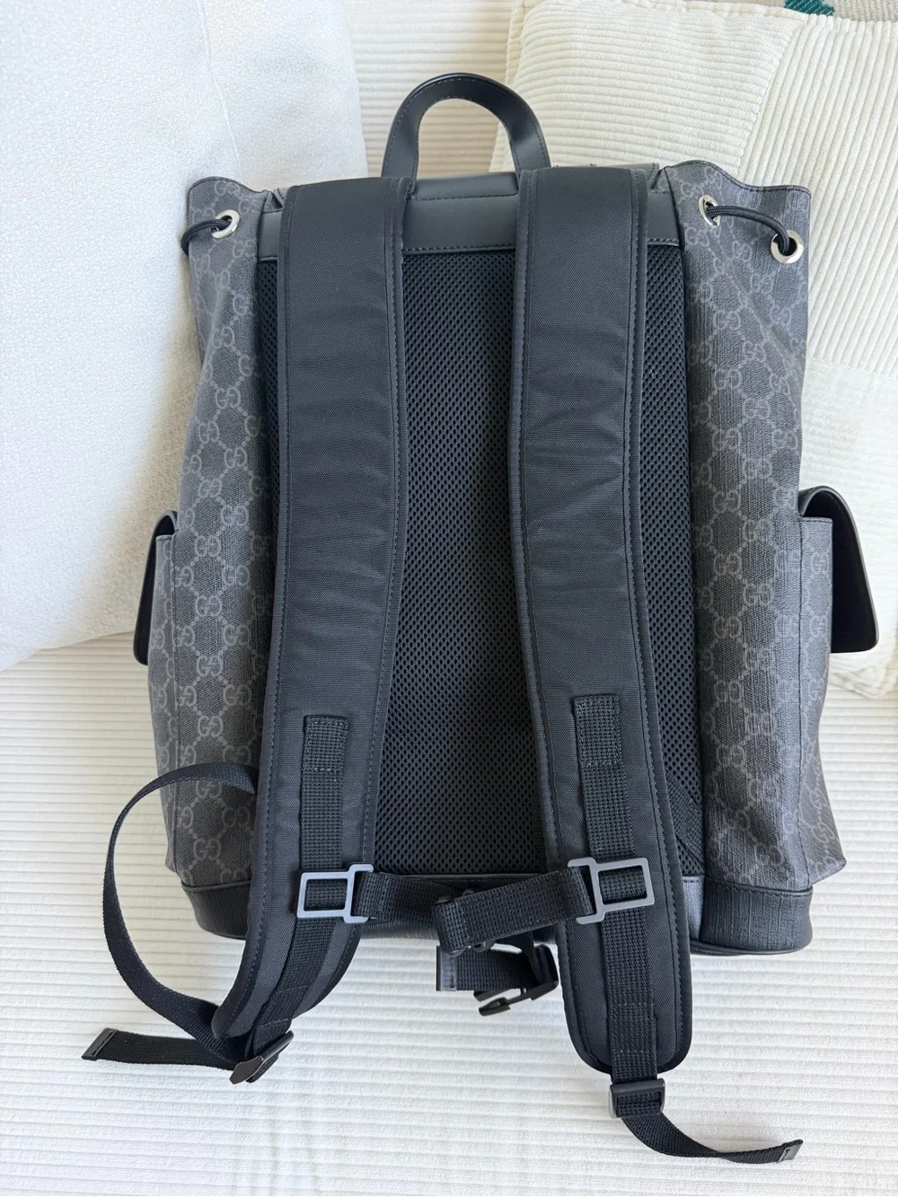 Gucci Black GG Canvas Backpack with Red-Blue Webbing never used